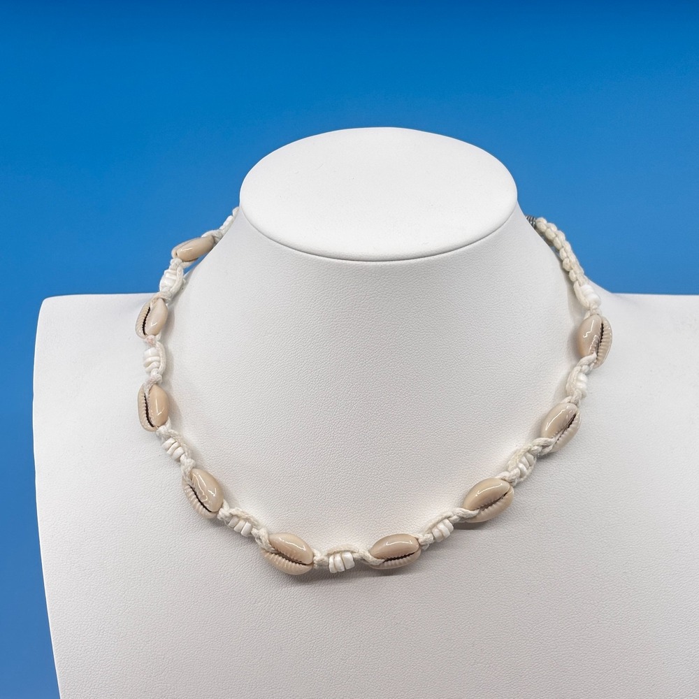 Cowrie Shell Macrame Necklace Cream White Boho Coastal Choker Festival Jewelry